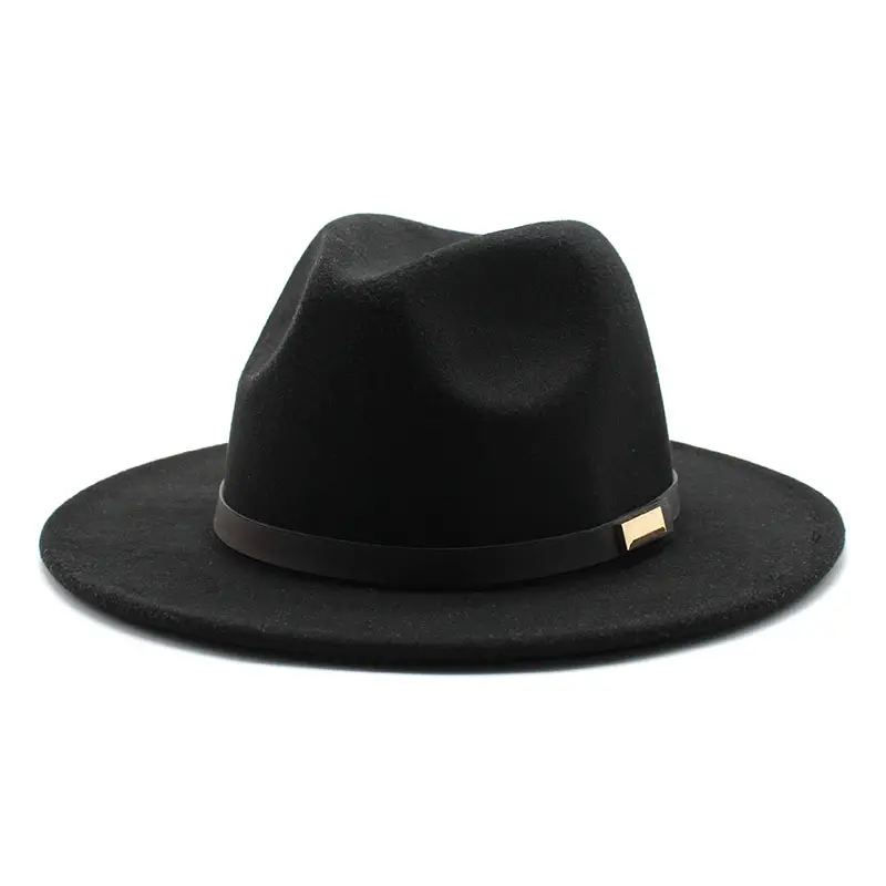 Vintage Flat Brim Feltro Fedora Cap Jazz Panamá inverno Cap Clássico Fedora Chapéus Com Cinto De Couro Preto