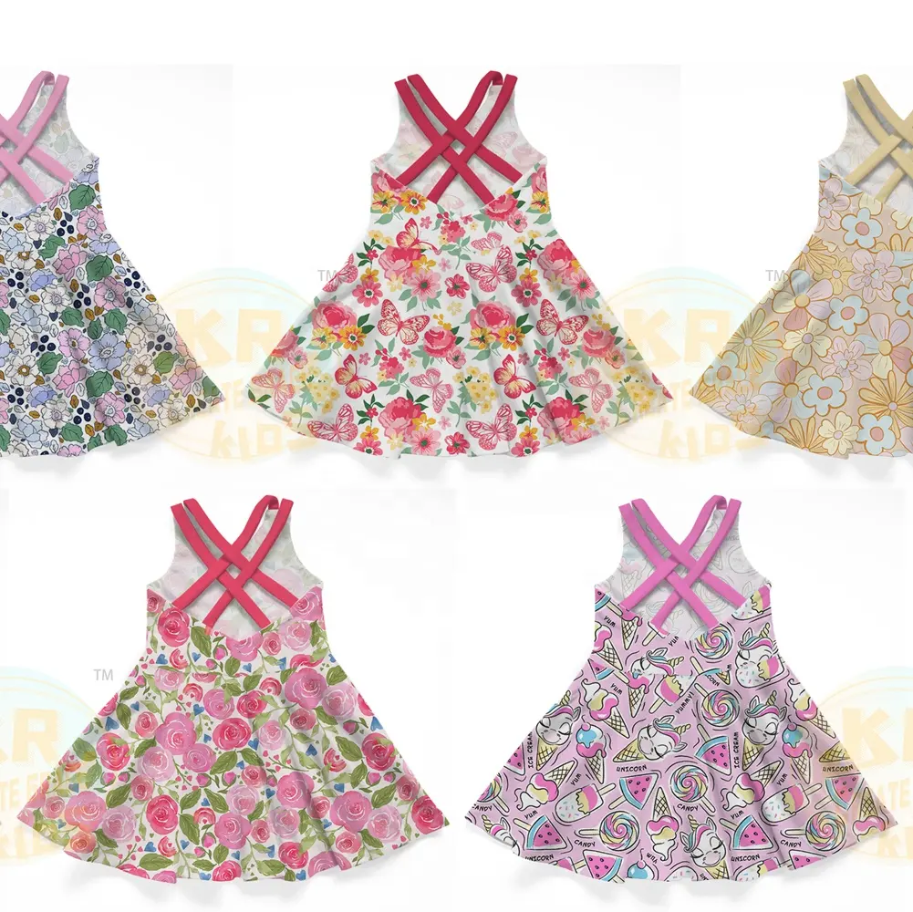 Vestidos das meninas Moda uma Linha Sleeveless Crossing Bacakless Cute Flower Printing 1 a 12 Years Old Girls 'Summer Dress Crianças