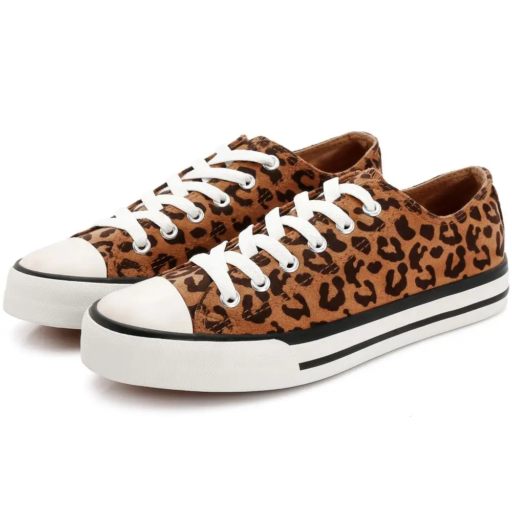 KH Factory Venta caliente de alta calidad Low Top Leopard Suede vulcanizado de cuero PU Casual zapatos de lona para caminar para damas