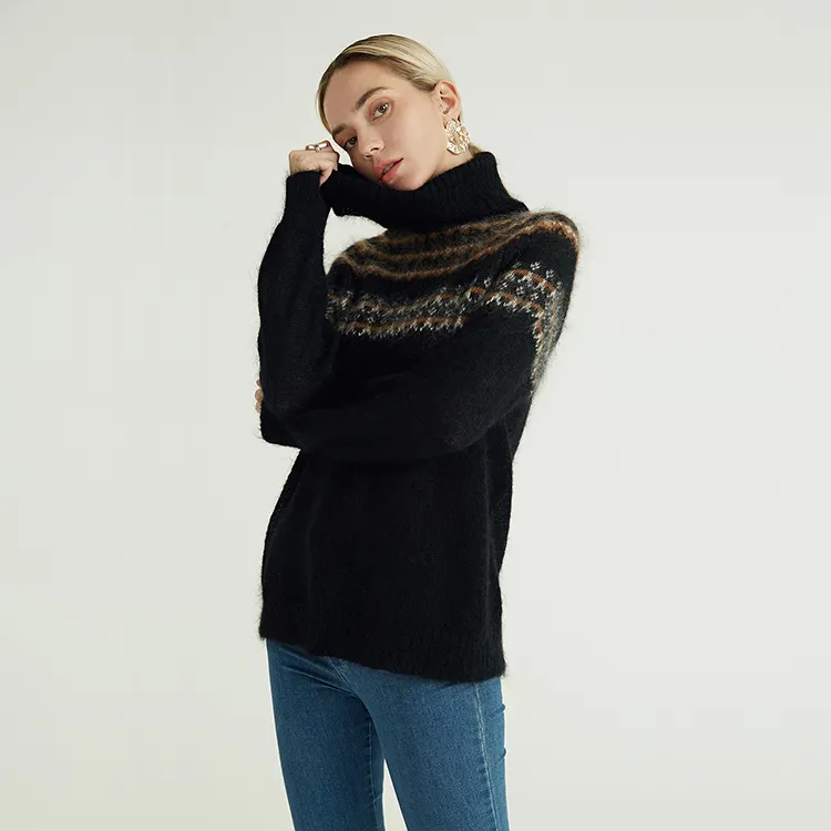 2020 Herbst Winter Custom Turtle Neck Jacquard Langarm Wolle Mohair Pullover Pullover Pullover für Frauen
