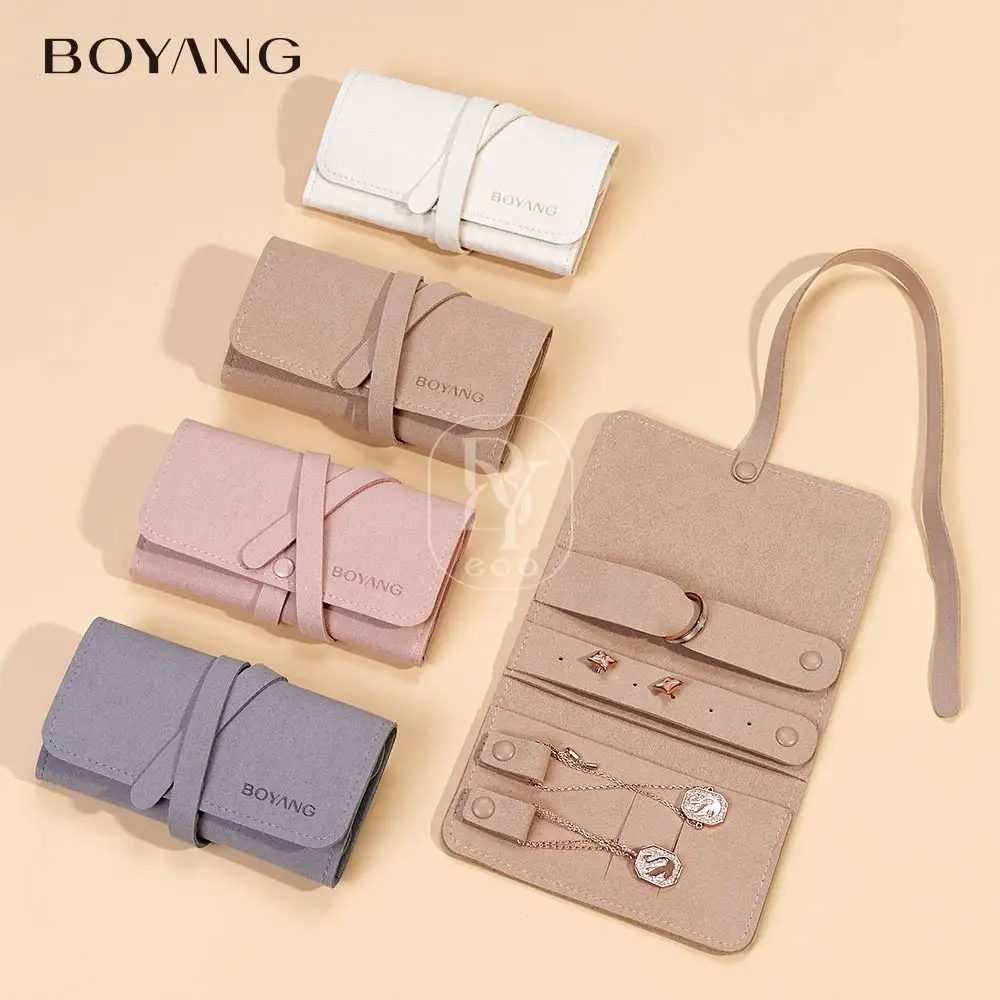 Boyang Luxury Microfiber Necklace Earring Ring Storage Roll Bag Jewelry Travel Organizer Pouch