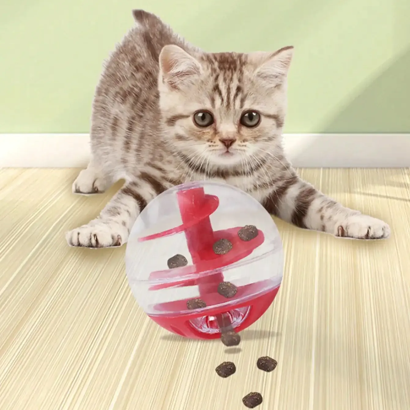 Mainan bola Dispenser makanan pemberi makan lambat hewan peliharaan merah Tumbler makanan kebocoran aman untuk bermain bola mainan kucing