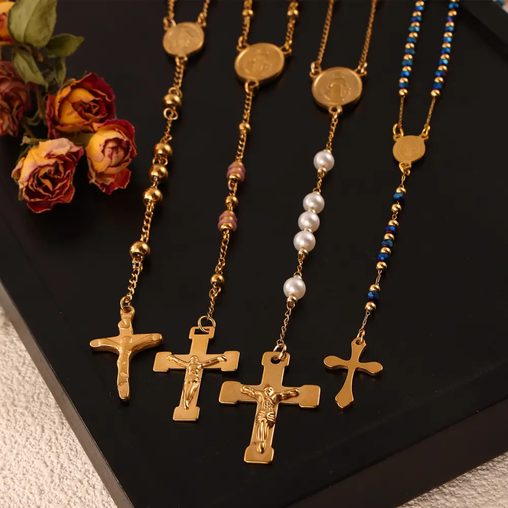 Religione Design retrò in acciaio inox placcato oro 18k rosario croce ritratto conchiglia perla cristallo ciondolo collana P1945-8