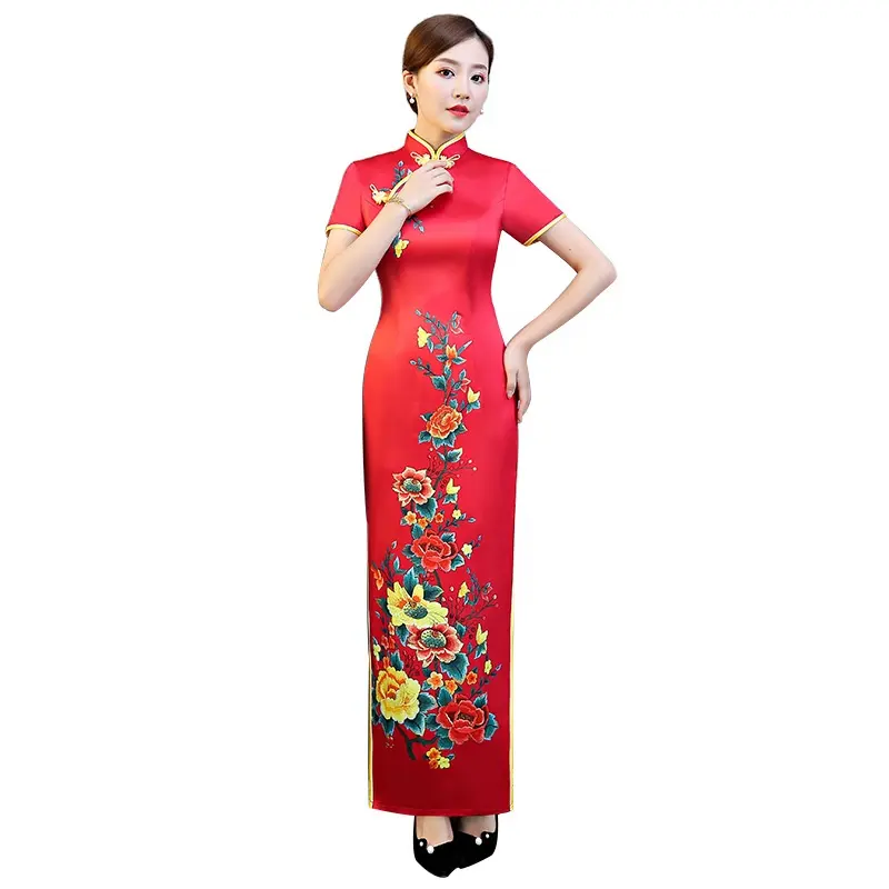 FEON gelişmiş giyim elbiseler çin klasik tarzı çiçek desen uzun Qipao kısa kollu