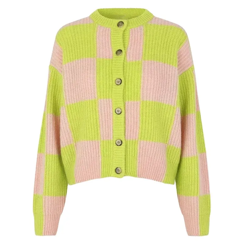 OEM ODM-suéter de bloque de Color Jacquard para mujer, cárdigan de punto a cuadros con botones a la moda, informal, diseño personalizado