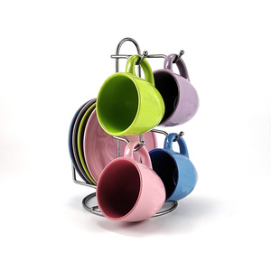<strong>Small</strong> Ceramic Coffee Mugs <strong>Set</strong> <strong>of</strong> <strong>4</strong> with Metal Stand Rack 100 ml 3.5 oz Tea <strong>Cups</strong> and Saucers <strong>Set</strong> - Product Image 2