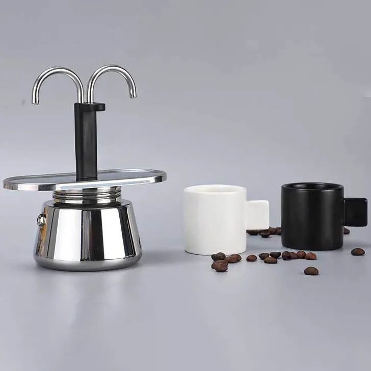 Cafetera de acero inoxidable Mocha Pot Cafetera italiana Espresso de doble válvula Cafetera Moka Pot con 2 tazas