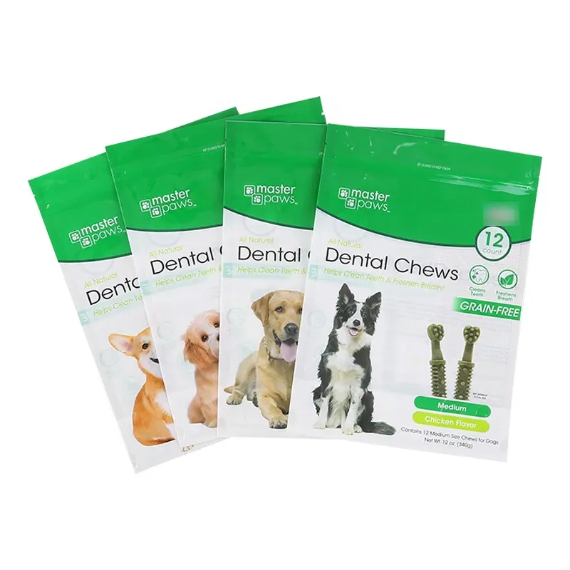 Bolsitas dentales de plástico orgánico para alimentos de perros, bolsa de compra sellada con logotipo personalizado, embalaje para perros, 7 efectos