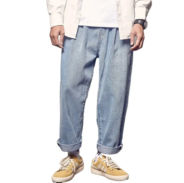 Calça jeans masculina moderna, 100% algodão, novo design moderno, estilo de rua, solta, reta, casual
