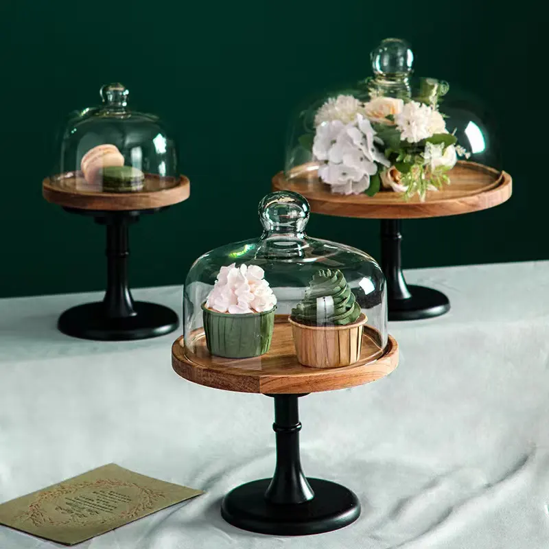 Support à gâteau rond en bois de hêtre, design personnalisé, en caoutchouc d'acacia et cadre en verre, pour Dessert de 6 ', 7' et 8 pouces, 1 pièce