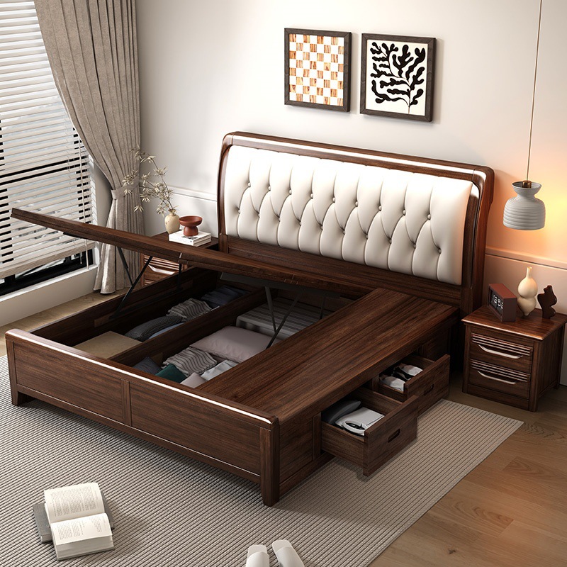 Lit en bois de noyer, matelas en fibre de coco, 2 tables de chevet