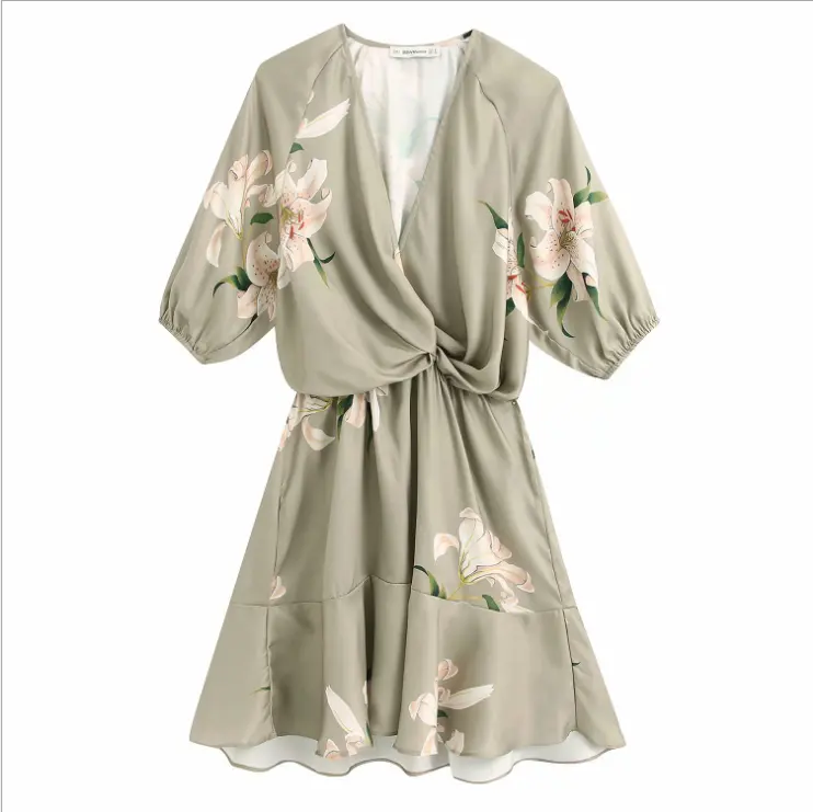 2024 da donna nuovo collo a V con maniche a cinque punti stampa decorativa stile retrò stile Kimono pigiama a vita