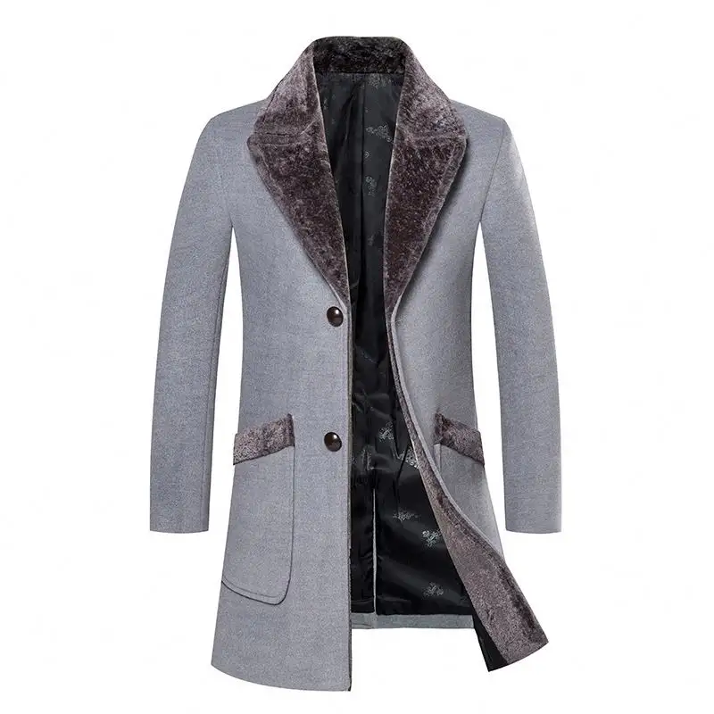 Casaco de lã masculino de alta qualidade, casaco de lã com gola de pele, mistura de lã de inverno de meia comprida e grossa, slim e quente