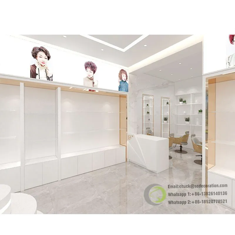Peluquería Peluca Tienda Decoración de interiores Diseños con muebles de estante de exhibición de cabello personalizados de alta calidad