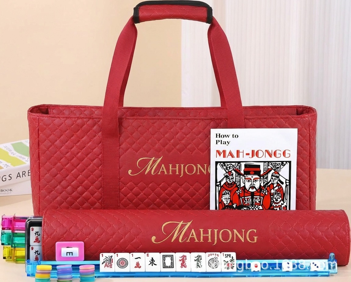 Festive red quilted gold-embossed belt mahjong 3pc set
