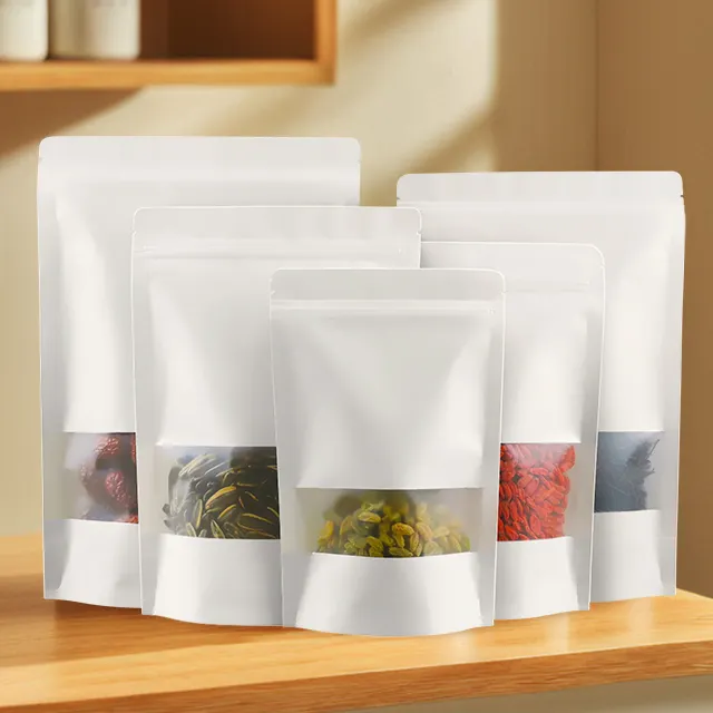 Sacos de papel Kraft com janela para embalagens de alimentos de chocolate e sementes de nozes, bolsas brancas personalizáveis em estoque