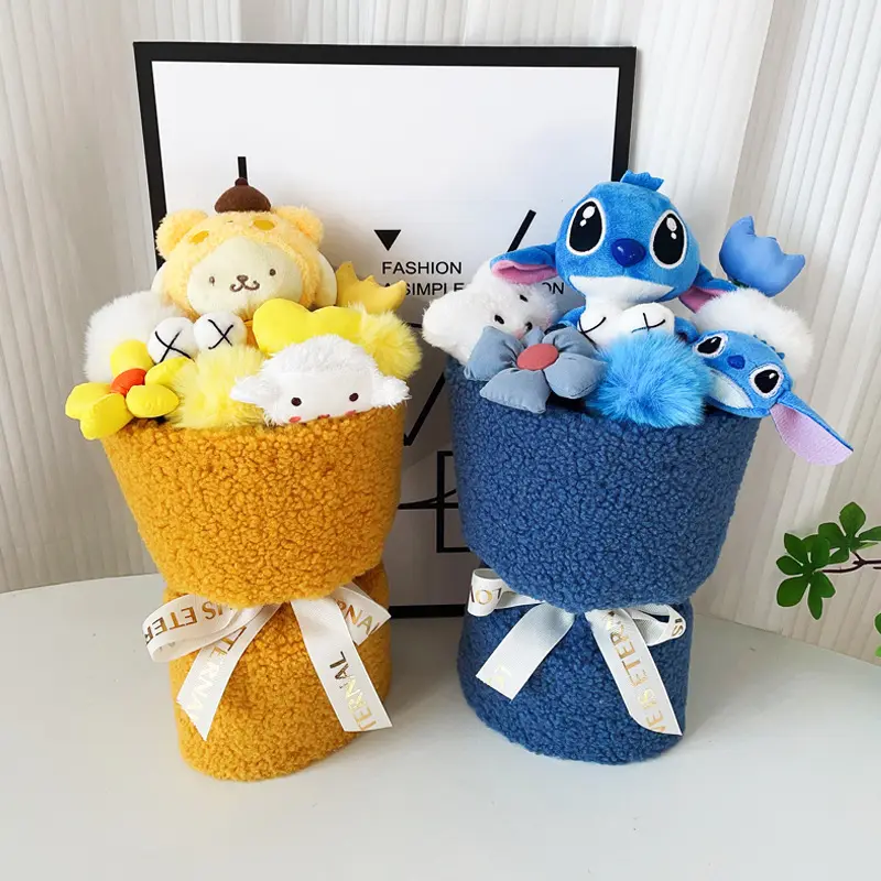 Novo Criativo Valentim Dia das Mães Presente Toy Story Plush Bouquet Cartoon Bonito Pompom Purin Stitch Stuffed Animal Toys Atacado