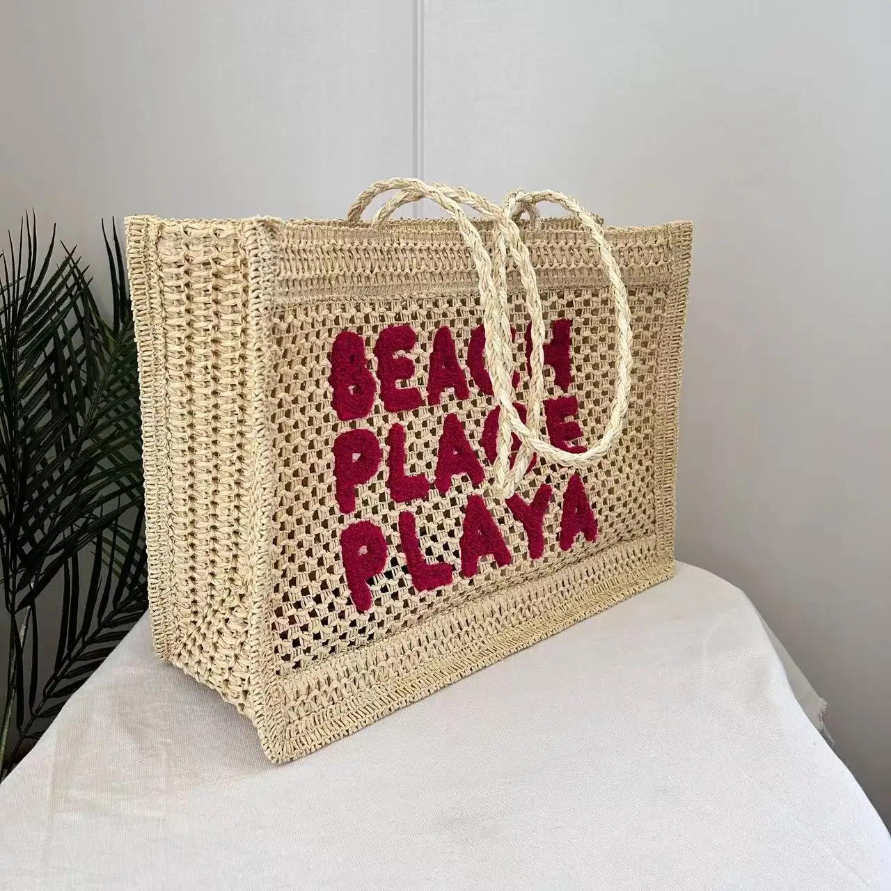 Summer Beach Travel Women Fashion Hand Woven Crochet Shoulder Strap Paper Straw Beige Handbag Tote Bags
