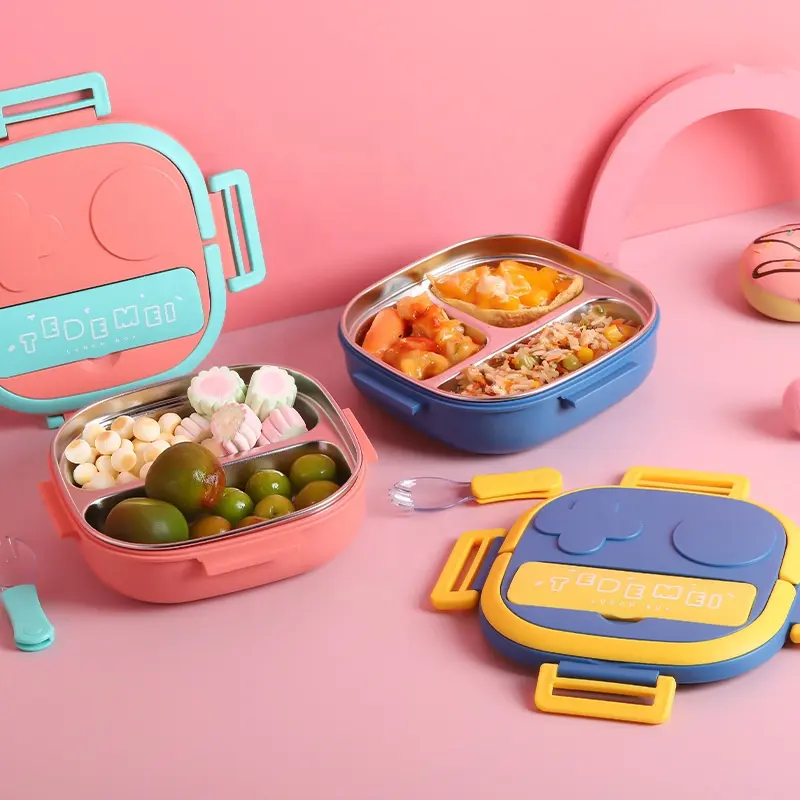 Gran oferta fiambrera para niños sin BPA contenedor de comida de acero inoxidable de 3 compartimentos con cuchara