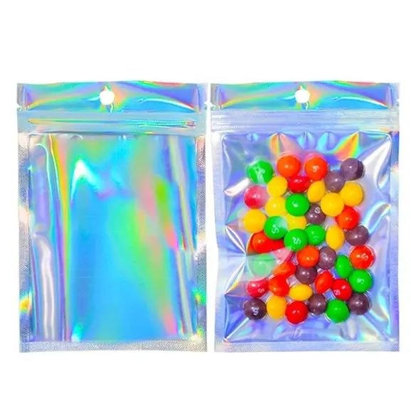 Rõ ràng Bạc Reclosable Mylar túi cho Zip nhiệt bịt kín cầu vồng lá Holographic Pouch