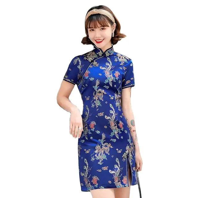 Elegante Hoge Split Cheongsam Vrouwen Satijn Qipao Chinese Stijl Avond Party Dress Sexy Slanke Vintage Mandarijn Kraag Vestidos