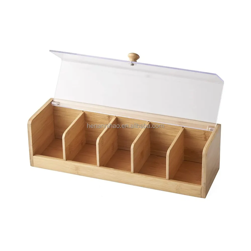 Бамбуковая деревянная коробка для хранения чая, органайзер с отсеками, держатель для чайных пакетиков с прозрачным акриловым окошком