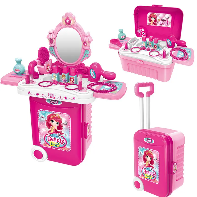 Kit de brinquedos para meninas 3 em 1, casa de brinquedo para maquiagem, mala de carrinho, brinquedo de maquiagem para meninas