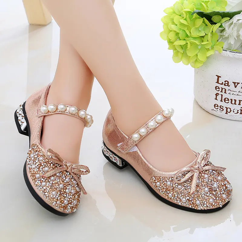 Zapatos de vestir de moda para niños y niñas, calzado de princesa con cuentas brillantes, formal, para fiesta de boda, venta al por mayor