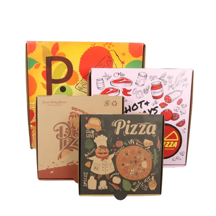 Caixa de pizza de papel estampado para pizza, embalagem de alimentos e bebidas OEM de papelão ondulado personalizado por atacado, deslocamento de alimentos