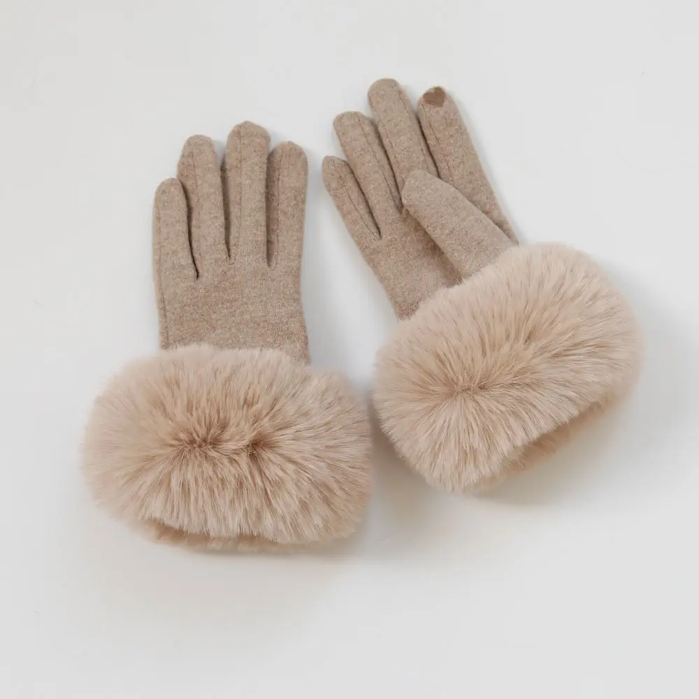 Wool Gloves Wholesale Modern Popular Trendy Winter Women Wool Blended Knitted Warmth Gloves With Fur Trim