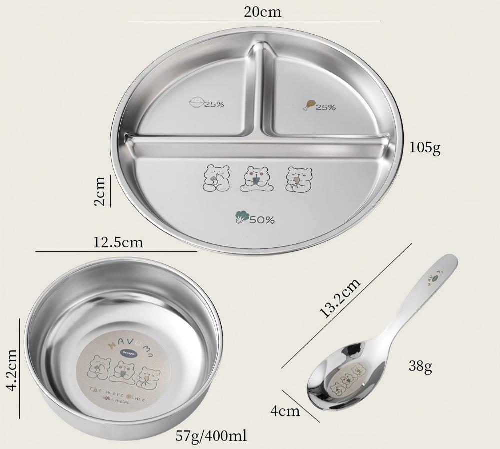 Silver 304 childrens dinner plate bowl spoon-color shock bear