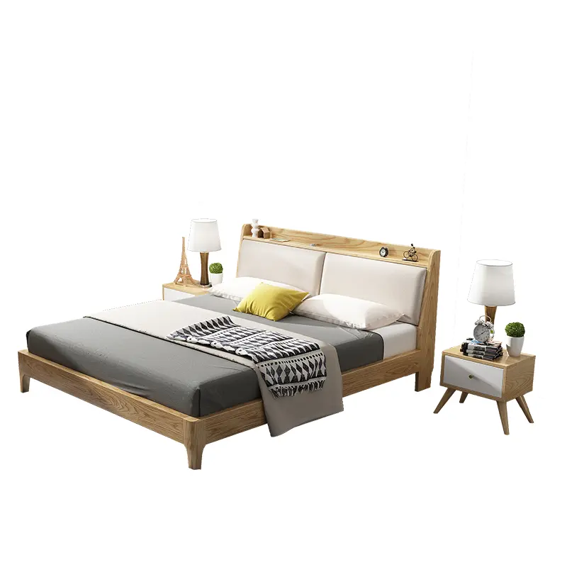 New design solid wood leg modern king size bed frame double bed with soft leather backrest