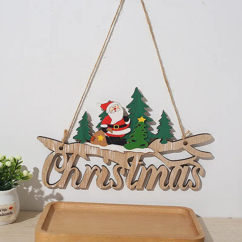 Productos de Navidad letra de madera signo Feliz Navidad puerta colgante árbol de Navidad adornos colgantes anciano muñeco de nieve cartel colgante