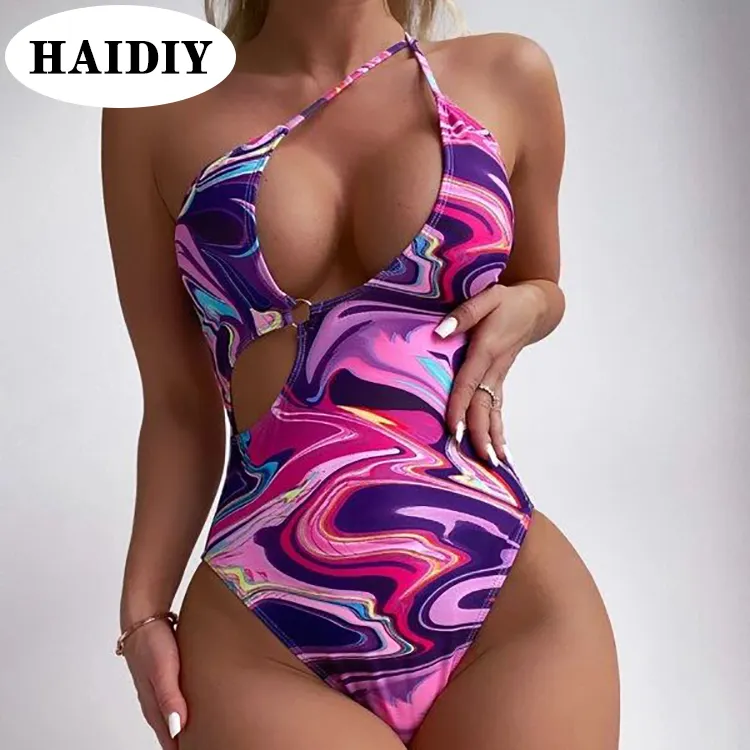 Custom New Plus Size Sexy Print One Piece Swimming Suit Cut Out High Cut Girl Bathing Suit Women Ring Chain Swimwear