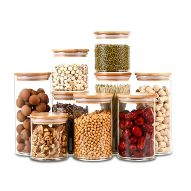 New Product Glass Food Storage Container with Airtight Bamboo Lid Clear Glass Canister Food Jar