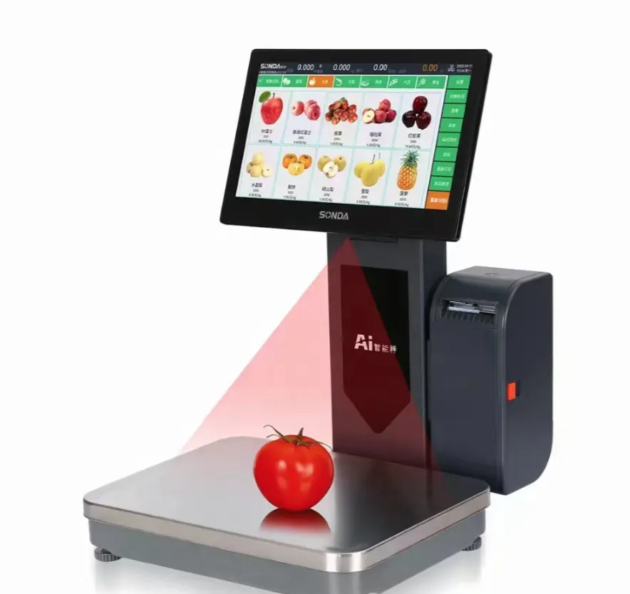 AI Label-báscula POS con reconocimiento IA, Impresión de código de barras con impresora térmica de 3 pulgadas e impresora de etiquetas