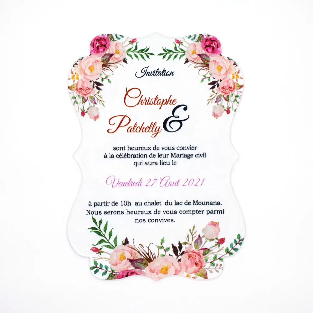 Elegante biglietto d'invito per matrimonio in acrilico con fiore floreale multicolore di Design musulmano inglese tedesco