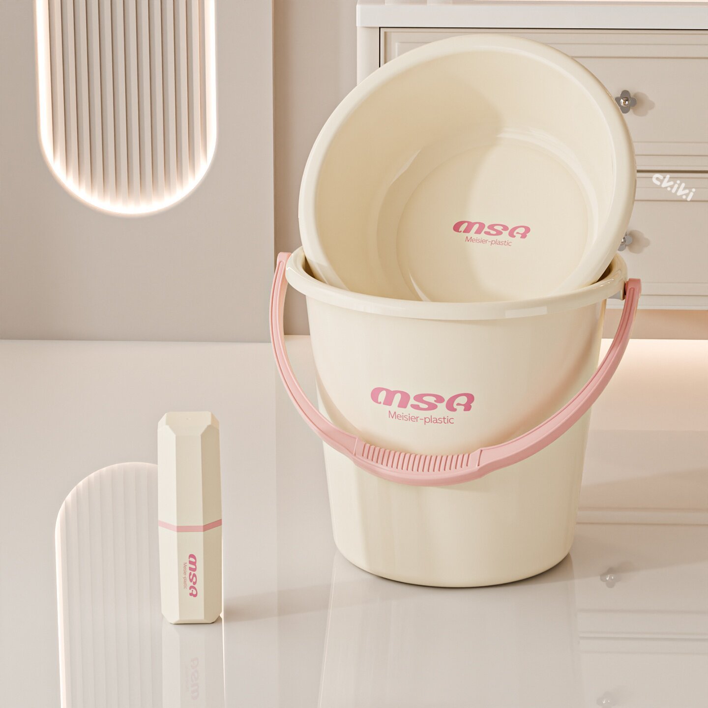 3-piece set-bucket-washbasin-mouthwash cup-milk fufu pink