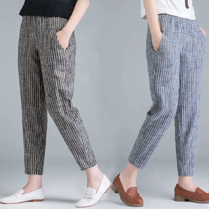 Venta al por mayor 2024 pantalones vaqueros de rayas verticales de verano de las mujeres sueltas de gran cintura elástica cordón Capris Casual Skinny Jeans