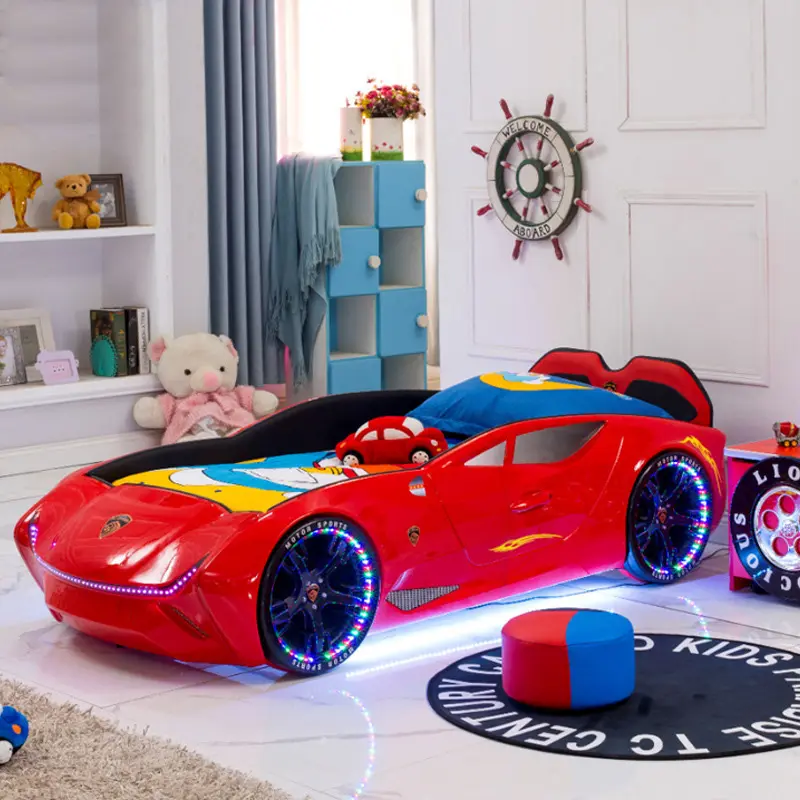 עיצוב חדש קינג מירוץ בגודל מלא מיטת ילדים ריהוט חדר שינה ABS פלסטיק מיטת מכונית מירוץ ספורט עם אור