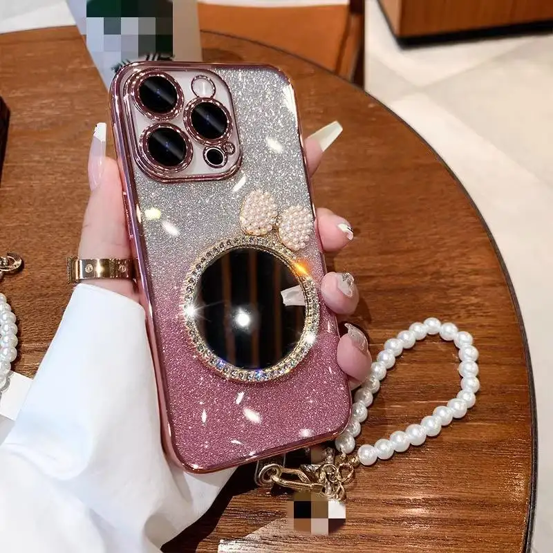 Koreanische Luxus Glitter Bling Crystal Diamond Spiegel Telefon hülle für Iphone 15 Pro 14 13 Max mit Perlenkette Armband Telefon abdeckung