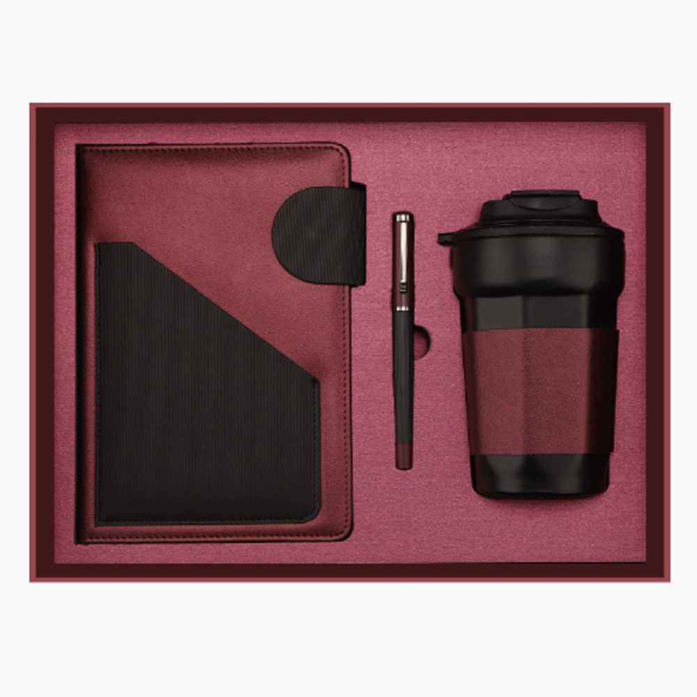 Carnet rouge vin + stylo + tasse à café