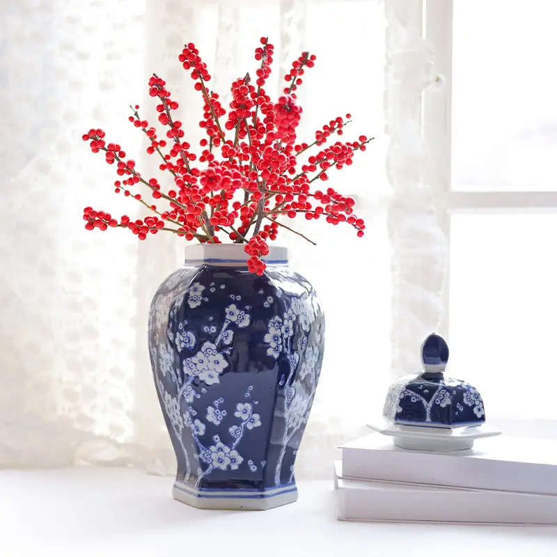 Vaso de porcelana para flores de ameixa estilo chinês, azul e branco, jarra de cerâmica para armazenamento de gengibre com tampa, ideal para decoração de casa