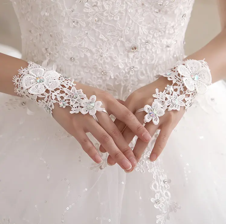S157A 2021 new bride long flower rhinestone embroidered Fingerless wedding gloves bridal