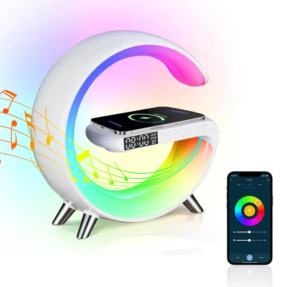 Smart Desk Lamp Rgb Atmosphere Night Light G Shape LED Lamp with Wireleless Charger Music Speaker Alarm Clock