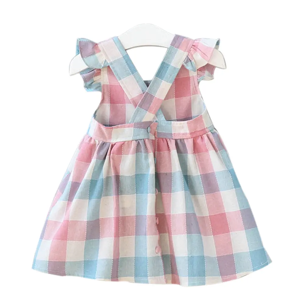 100% cotton colorful plaid girl skirt new beautiful dress with flutter sleeve girls' breathable dresses for summer