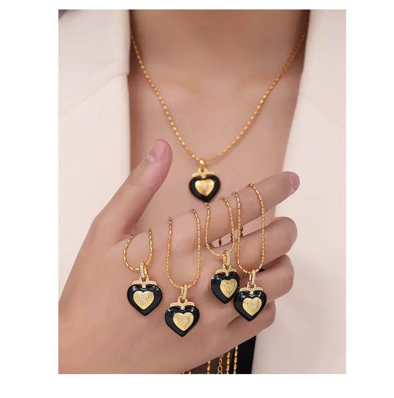 Colar de coração preto com pingente de ouro grande personalizado para mulheres, conjunto de presente com corações pequenos, chapeado de ouro