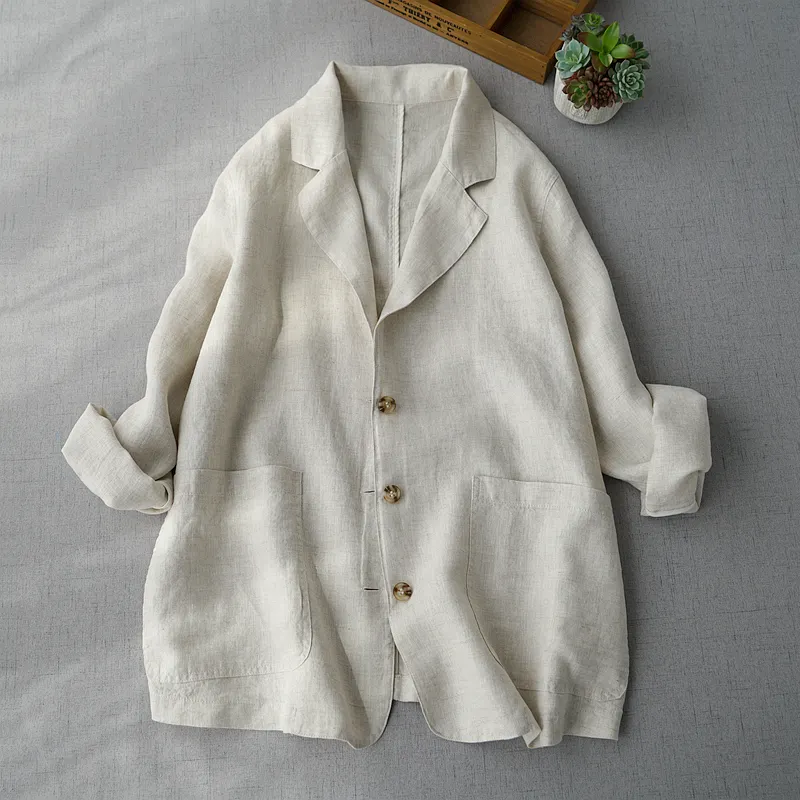 Großhandel Frühling Japanisch Koreanisch Außenhandel Leinen anzug Kurz mantel Lose Lässige Baumwolle Leinen Strickjacke Damen anzug
