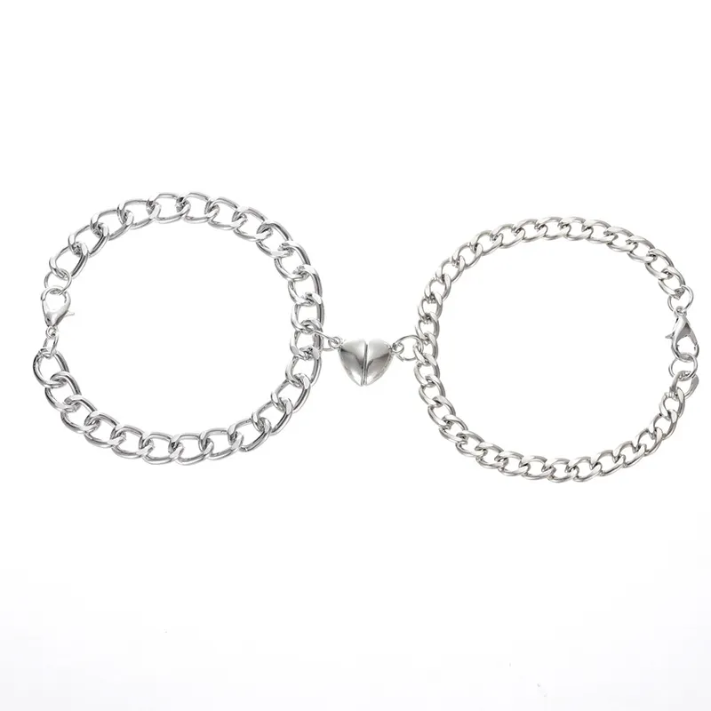 Fashion 2 pz/set Heart Charm Magnetic Couple bracciale bracciali a catena cubana in argento per gli amici degli amanti
