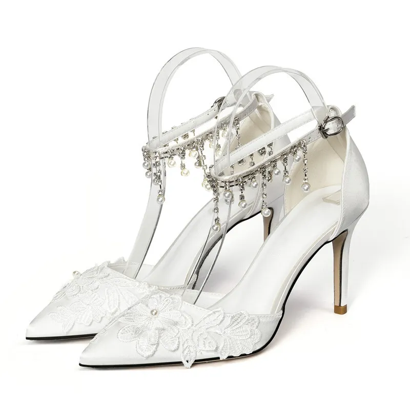 Belle scarpe Sexy con tacchi alti a punta in pizzo floreale da donna con strass di perle alla caviglia tacchi da sposa